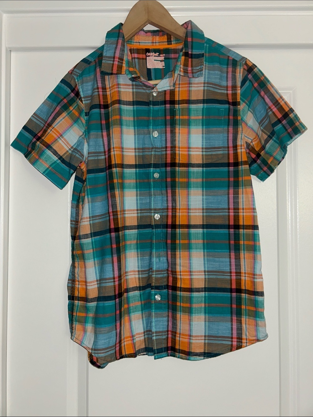 Cat & Jack Teal, Orange, Pink & Black Plaid Button-Up Shirt